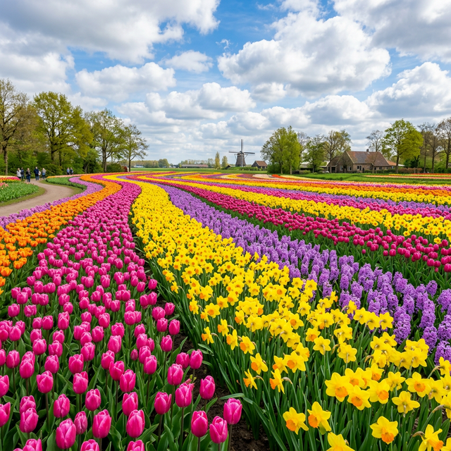 Colourful spring flower field with tulips and daffodils